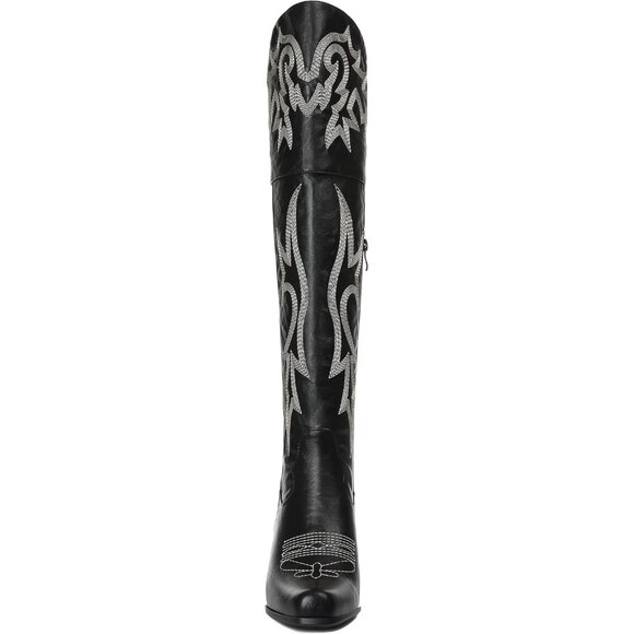 Women1Black Pu Polyurethane Embroidered Pointed Toe Chunky Heels Tall Boots - Picture 4 of 6